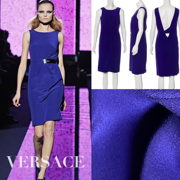 🎉HP Versace Lapis Silk Gathered Dress IT 42 EUC - Picture 1 of 5